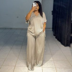 European and American cross-border women's clothing 2025 summer new casual loose V-neck striped short-sleeved top wide-leg trouser suit – Image 3