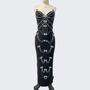 Cross border black bandeau off-the-shoulder rhinestone chain tight sexy celebrity bandage maxi dress dress – Image 3