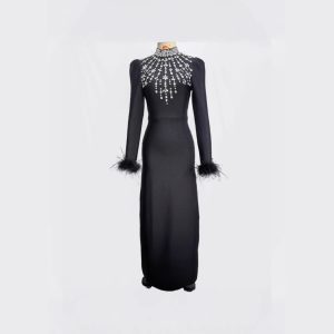 Cross border black red long sleeve feather diamond fashion celebrity bandage long skirt dress dress elegant evening dress – Image 3