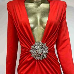 cross-border new foreign trade Amazon independent station explosive elegant long-sleeved deep V diamond buckle long skirt party dress – Image 5