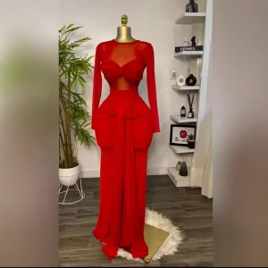 European and American cross-border women's clothing 2025 early spring new solid color long sleeve round neck wrap chest tight temperament long dress – Image 3