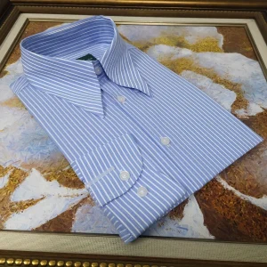 Genuine Cotton Italian Light Blue Striped Long Peak Collar Concealed Button Men's Slim Long Sleeve Shirt Gentleman's Wear – Image 3