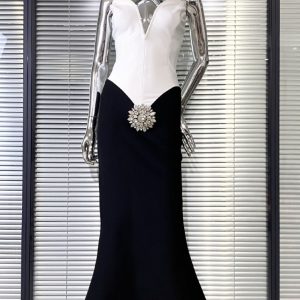 European and American cross-border luxury diamond flower black and white color-blocked hip bandeau dress elegant fashion party bandage dress – Image 4