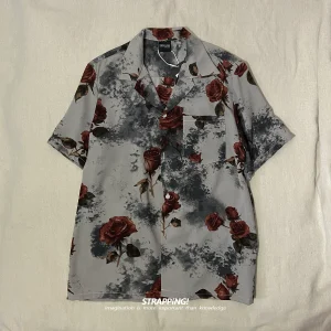 STRAPPING Splash Ink Floral Floral Floral Cuban Collar Short Sleeve Flower Shirt Men's and Women's Hawaiian Retro Japanese Hong Kong Style – Image 3
