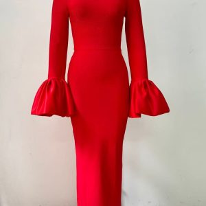 European and American bandage dresses, cross-border new cross-border round neck, nail diamond bell sleeves, temperament, waist and long sleeves, women's slit long skirt – Image 3