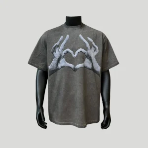 [Love gesture] summer American vintage print mini-neckline loose T-shirt short sleeve trend half-sleeve individuality – Image 3