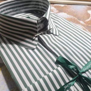The little prince of the nightclub wears a light luxury Italian green striped round neck and dark button men's slim long-sleeved shirt shirt – Image 4