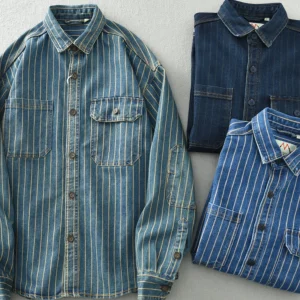 Heavy Japanese retro washed vertical stripe cargo denim shirt men's loose plus size cotton long-sleeved shirt jacket – Image 3