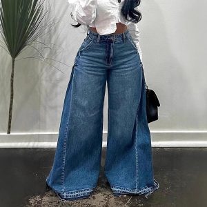 Cross-border  new spring retro European and American style wide-leg jeans spliced floor length bell pants tassels – Image 3
