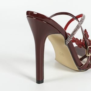 Cross-border European and American ladies butterfly decoration rhinestone cross strap square toe stiletto sandals party burgundy heels – Image 6
