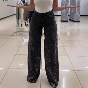 High-waisted wide-leg pants women's spring/summer fashion temperament versatile hollow lace paneled denim drape pants – Image 4