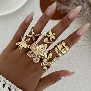 European and American cross-border ocean resort wind conch scallop shell ring set ins wind metal flower open ring girl – Image 3
