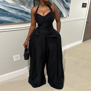 European and American cross-border women's clothing 2025 summer sexy halterneck V-neck irregular sleeveless high-waisted streamer jumpsuits – Image 4