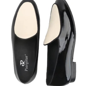 British-style black patent leather panels with white pebbled cowhide slip-on yuppie shoes classic men's loafers – Image 3