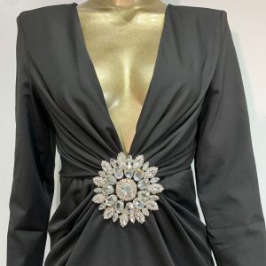 cross-border new foreign trade Amazon independent station explosive elegant long-sleeved deep V diamond buckle long skirt party dress – Image 7