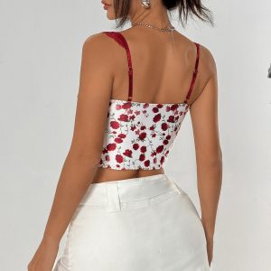 Summer French INS Sweet and Spicy Wind Rose Print Lace Stitching Underwire Fishbone Tie Rope Slim Small Suspenders 70144 – Image 4