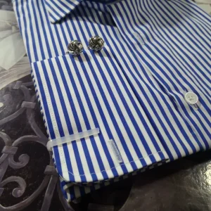 Spring high-quality cotton vintage windsor collar french cufflinks men's long-sleeved striped shirt shirt – Image 5