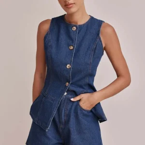 2025 spring and summer new Amazon independent station European and American fashion sleeveless waist high-waisted loose denim shorts suit – Image 4