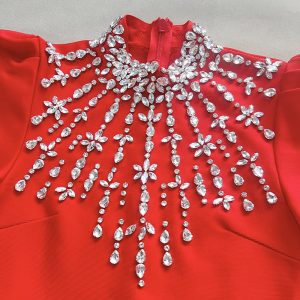 Cross border black red long sleeve feather diamond fashion celebrity bandage long skirt dress dress elegant evening dress – Image 6