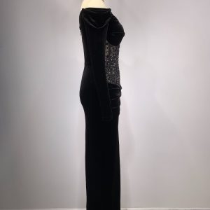 Foreign trade independent station autumn luxury rhinestone sexy see-through off-the-shoulder black dress fashion atmosphere dinner dress – Image 3