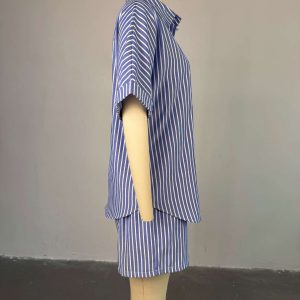 Blue and white striped loose shirt high waist wide leg shorts suit – Image 3