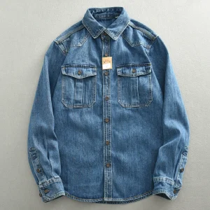 American Heavy Heavy Cargo Denim Shirt Male Ami Clicker Motorcycle Loose Plus Size Long Sleeve Shirt Jacket Autumn – Image 4