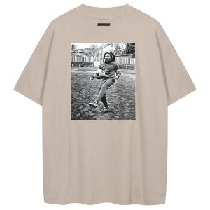 HIGH-EDITION GAL WITH THE SAME ESSENTIALS FOG PRINT SMALL HIGH NECK MULTI-THREAD LOOSE SHORT SLEEVE T-SHIRT – Image 4