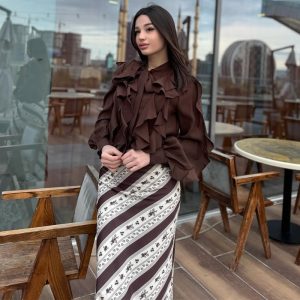 new women's European and American Amazon cross-border foreign trade long-sleeved ruffle top printed high-waisted skirt – Image 3