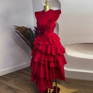 European and American cross-border women's clothing 2025 summer new light luxury niche pressed pleated short-sleeved ruffled high-waisted red dress – Image 4