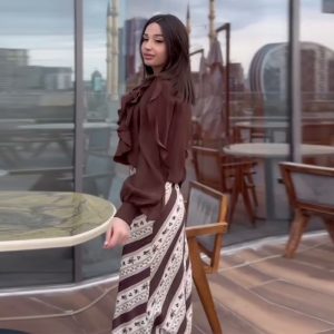 new women's European and American Amazon cross-border foreign trade long-sleeved ruffle top printed high-waisted skirt – Image 4