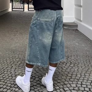 American retro washed high street denim shorts men's and women's straight-leg wide-leg distressed loose casual and versatile cropped pants – Image 4
