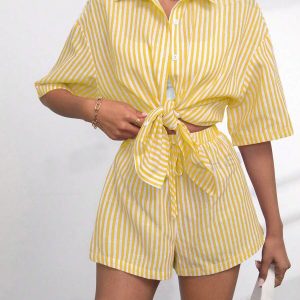 Cross-border exclusive for European and American fashion suits women's 2025 summer lapel casual striped short-sleeved pants two-piece set women – Image 4