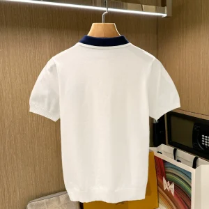 British preppy color block lapel top knitted short sleeve men's fashion new high-end embroidery slim polo shirt men – Image 3