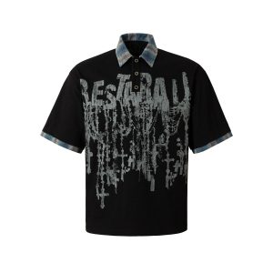 Society American retro plaid patchwork POLO shirt casual and versatile Vintage – Image 7