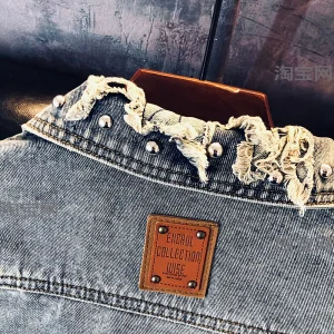 Loose style high quality denim jacket men's 2024 spring and autumn American tide with raw edge stitched lapels niche jacket – Image 4