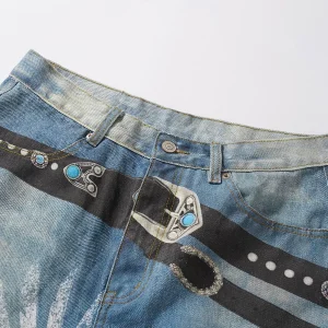 American street vibe retro 3D printed flower belt graffiti straight leg jeans design sense cleanfit trousers – Image 4