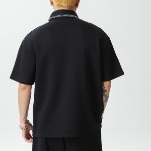 American retro heavy pique cotton short-sleeved POLO shirt summer versatile, loose and simple contrasting color special line half-sleeved men – Image 4