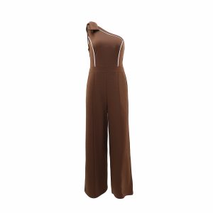 Cross-border European and American Amazon Women's Solid Color One-Shoulder Temperament Casual Bow Jumpsuit – Image 5