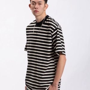 cotton black and white striped short sleeves small neckline T-shirt, – Image 6