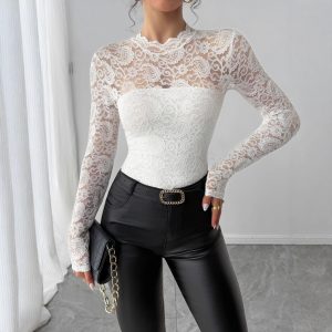 European and American cross-border 2025 autumn/winter new lace spliced back zipper long sleeve slim and slim temperament commuter top – Image 4