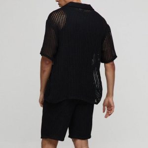 Spring/summer new men's knitted suit cross-border European and American casual fashion solid color shirt shorts two-piece set – Image 4
