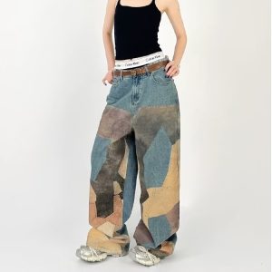 Foreign trade American camouflage jeans men's and women's retro irregular design sense fake splicing loose straight pants wide-leg pants – Image 3