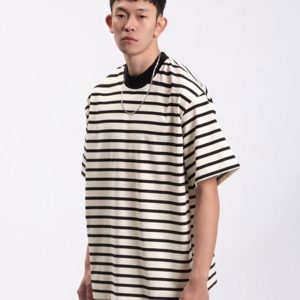 cotton black and white striped short sleeves small neckline T-shirt, – Image 3