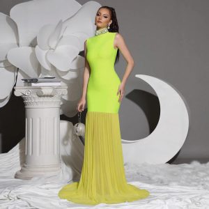 European and American new bandage mesh stitching long dress high neck sleeveless thin temperament dinner dress 2025 – Image 3