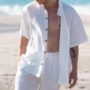 Cross-border European and American men's beach-style casual suit foreign trade spring and summer new lapel shirt shorts two-piece set – Image 3