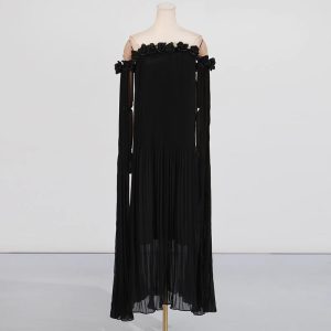 red evening dress spring sexy neckline three-dimensional flower streamer pleated fairy chiffon dress long skirt foreign trade – Image 4