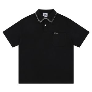 American retro heavy pique cotton short-sleeved POLO shirt summer versatile, loose and simple contrasting color special line half-sleeved men – Image 3
