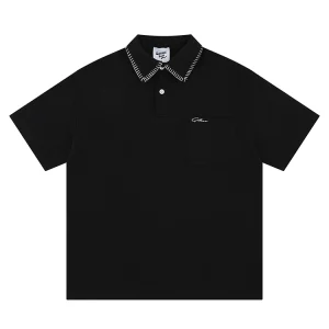 Wukong has vintage high-quality contrast lapel short-sleeved polo shirts for men and women, summer loose couples, and versatile shirts – Image 3