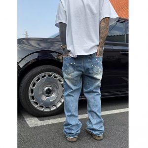 American-style high street mud dyed worn-out ripped jeans for men and women splashing ink, lazy mopping the floor, loose wide-leg pants tide – Image 3