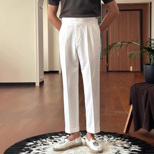 Neapolitan high-waisted men's straight-leg casual trousers Spring and autumn business Paris buckle versatile drape no-iron trousers – Image 3